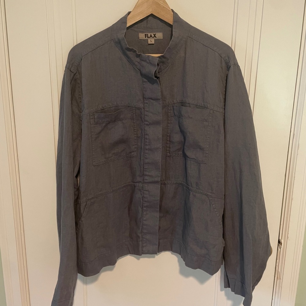 FLAX Linen Military Utility Button Front Lightweight Jacket Large